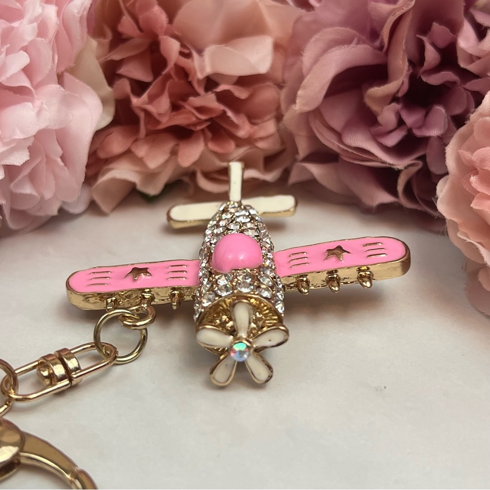 Whimsical Pink & Gold Crystal Airplane Keychain Charm - Picture 2 of 16